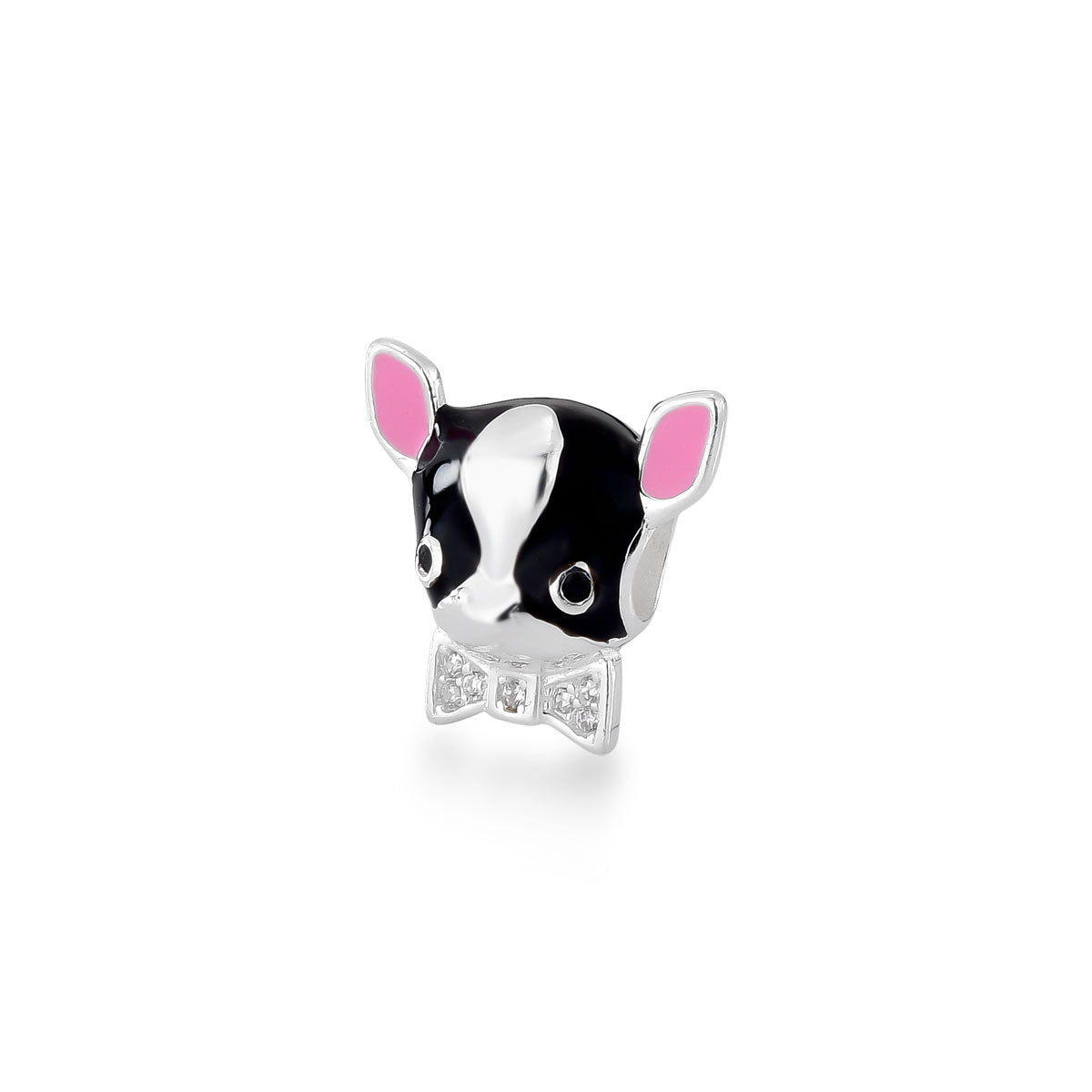 Berloque  Cachorro Esmaltado Preto com Detalhes Rosa e de Zircônia em Prata 925